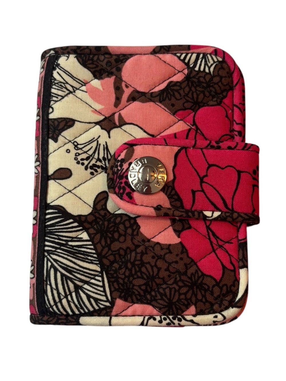 Vera Bradley Mocha Rouge Small Tab Wallet Quilted Zipper Button Floral Pink